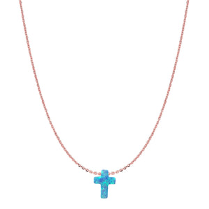 Blue Opal Cross Necklace rose gold Chain Byou Designs