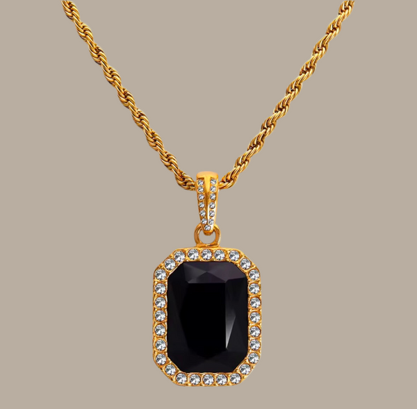 Tarnish Free 18k Gold Plated Rope Chain Necklace Black Pendant