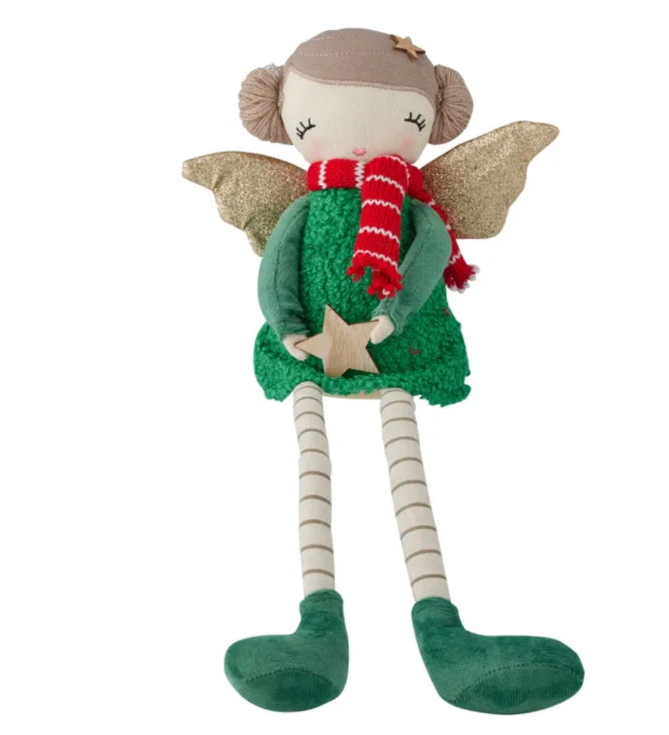 50cm Christmas sitting angel  doll with a red and white striped scarf, green dress, and star accessory on a white background