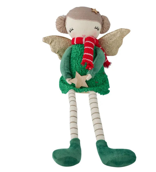 50cm Christmas sitting angel  doll with a red and white striped scarf, green dress, and star accessory on a white background