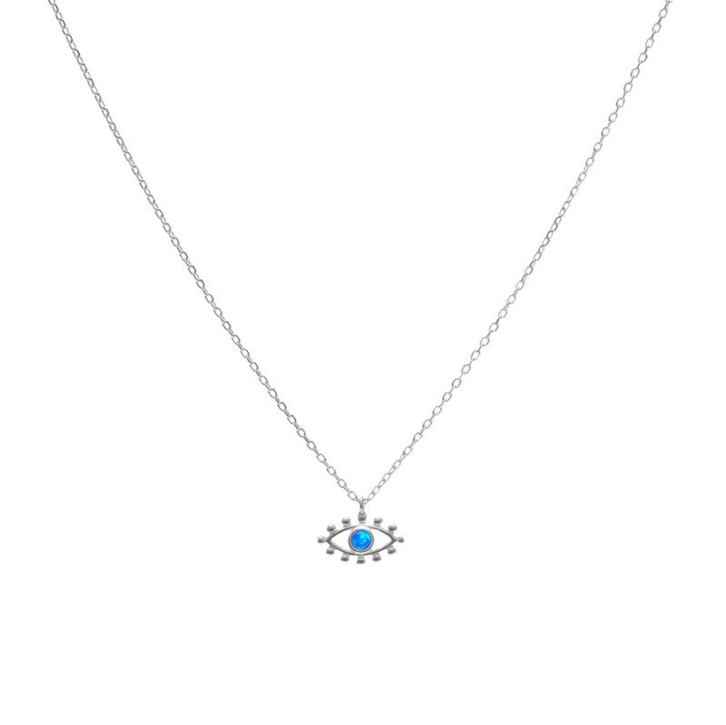 A sterling silver necklace with a blue opal eye design on a chain.