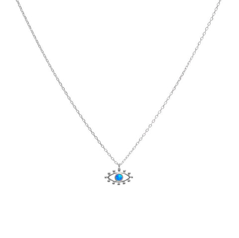 A sterling silver necklace with a blue opal eye design on a chain.