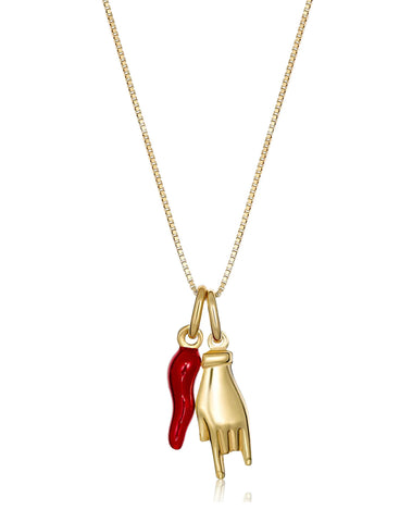 Cornicello Red and Mano Charm Necklace