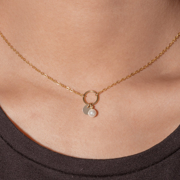 Gold filled Eternity Pearl and Disc necklace Byou Designs