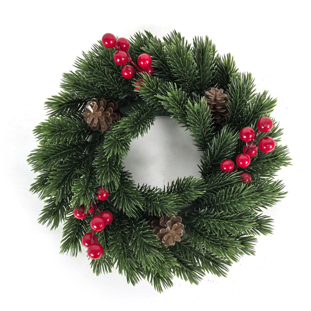 Christmas wreath with green pine needles, red berries, and brown pinecones on a white background