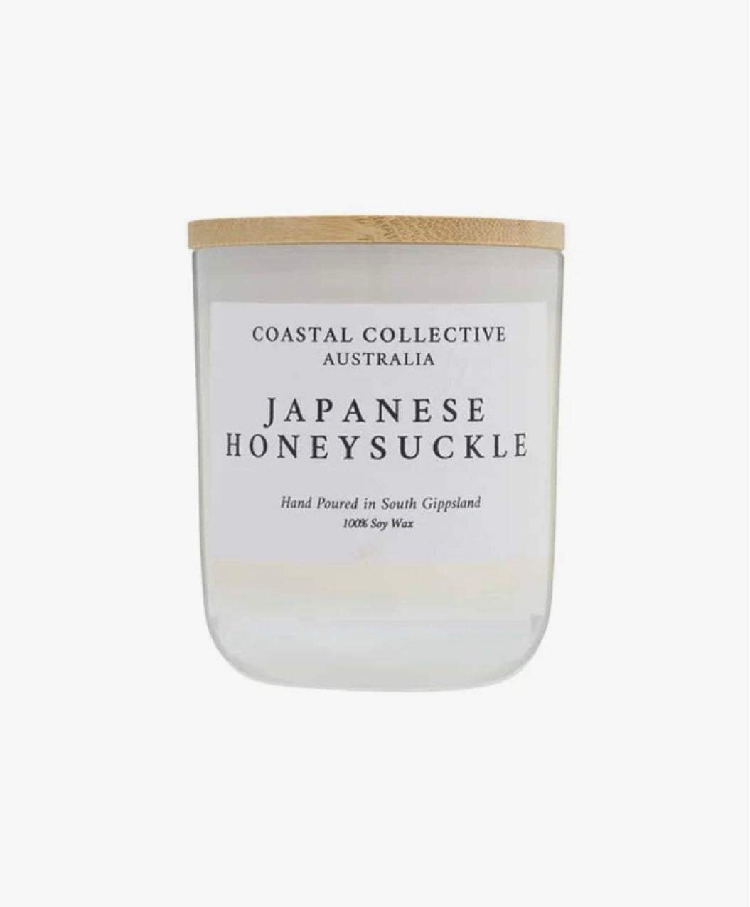 White Jar Soy Candle with a wooden lid labeled 'Coastal Collective Australia Japanese Honeysuckle' on a white background