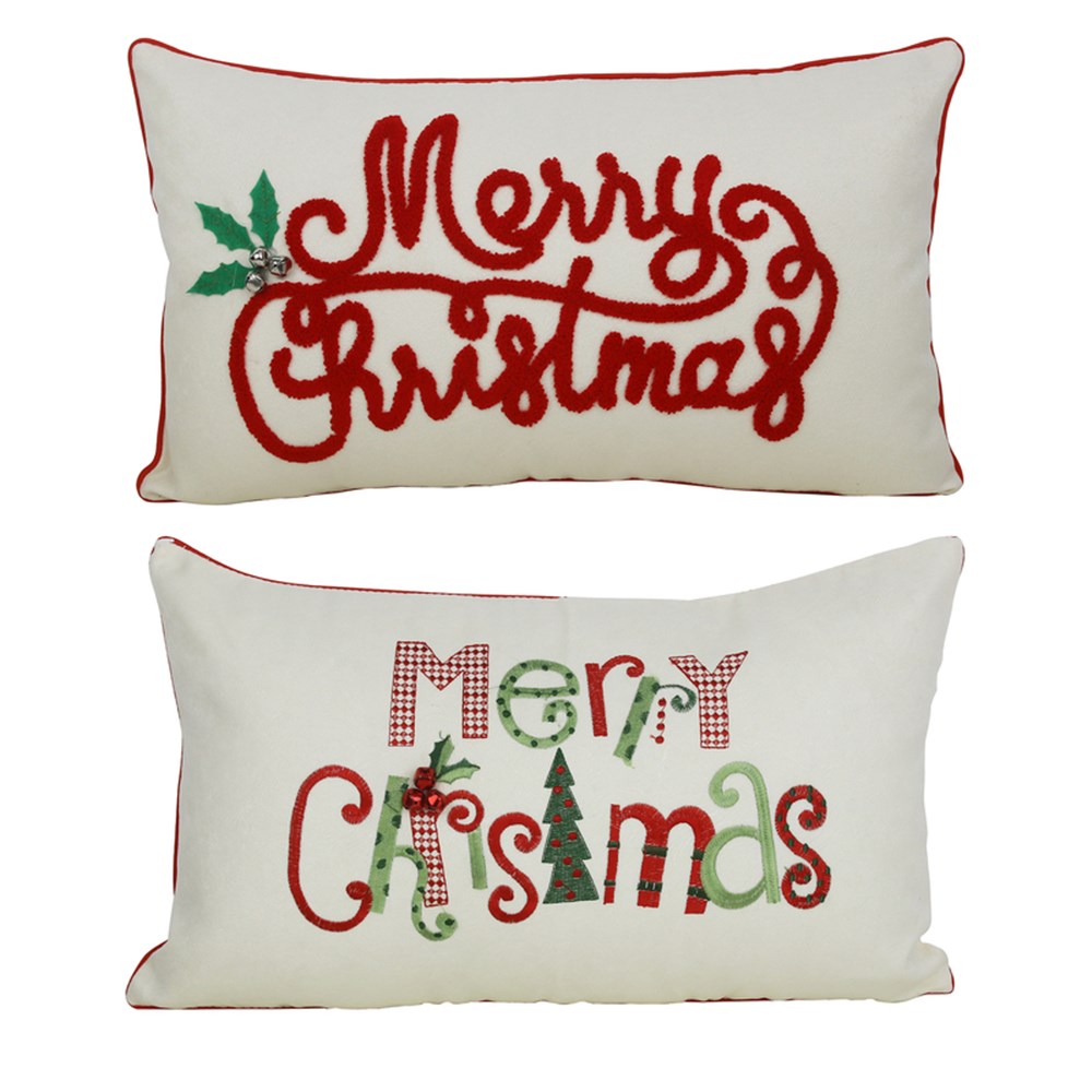 Two Christmas-themed decorative pillows with 'Merry Christmas' text on a white background.