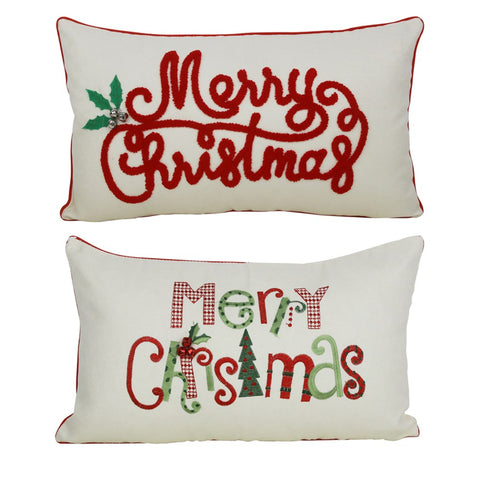 Two Christmas-themed decorative pillows with 'Merry Christmas' text on a white background.