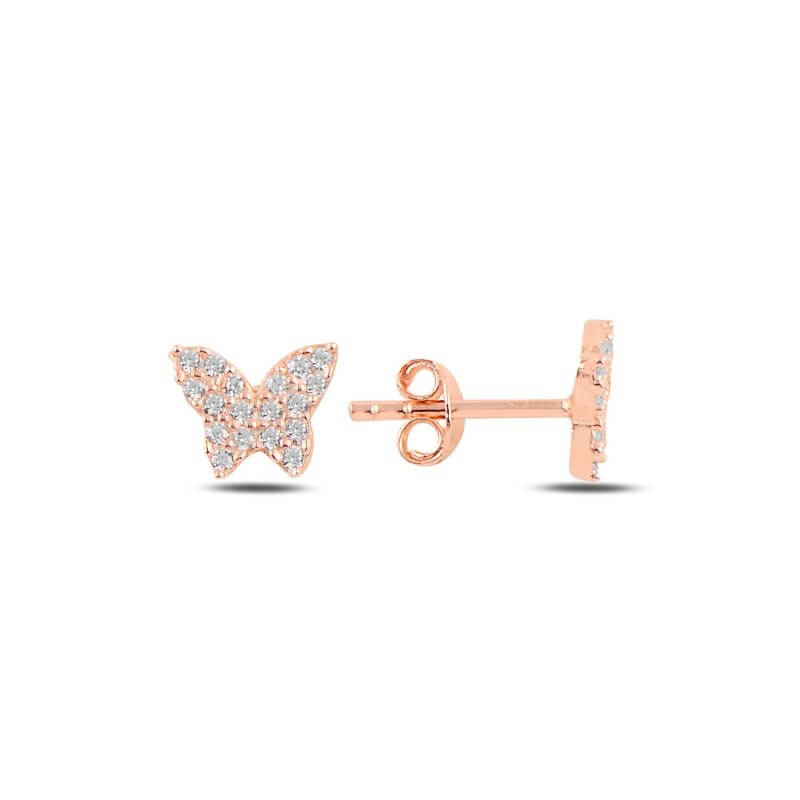 Rose gold butterfly earrings with cubic zirconia  on a white background