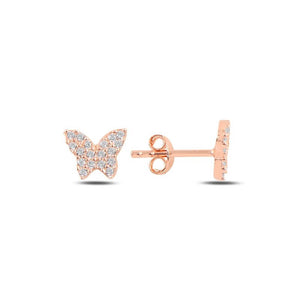 Rose gold butterfly earrings with cubic zirconia  on a white background