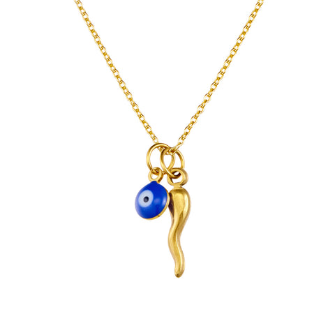 Gold Plated Evil Eye and Cornicello Necklace