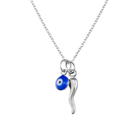 Sterling Silver Glass Evil Eye and Italian Cornicello Horn Necklace