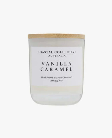 White Candle Jar Vanilla caramel candle with 'Coastal Collective Australia' label on a white background