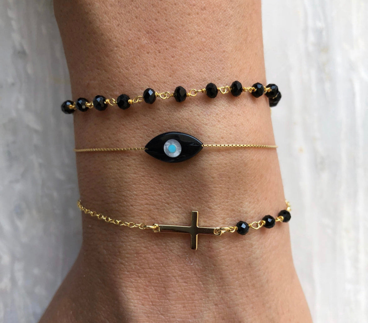 Evil Eye Gold Stack Chain bracelet Cross Rosary Byou Designs