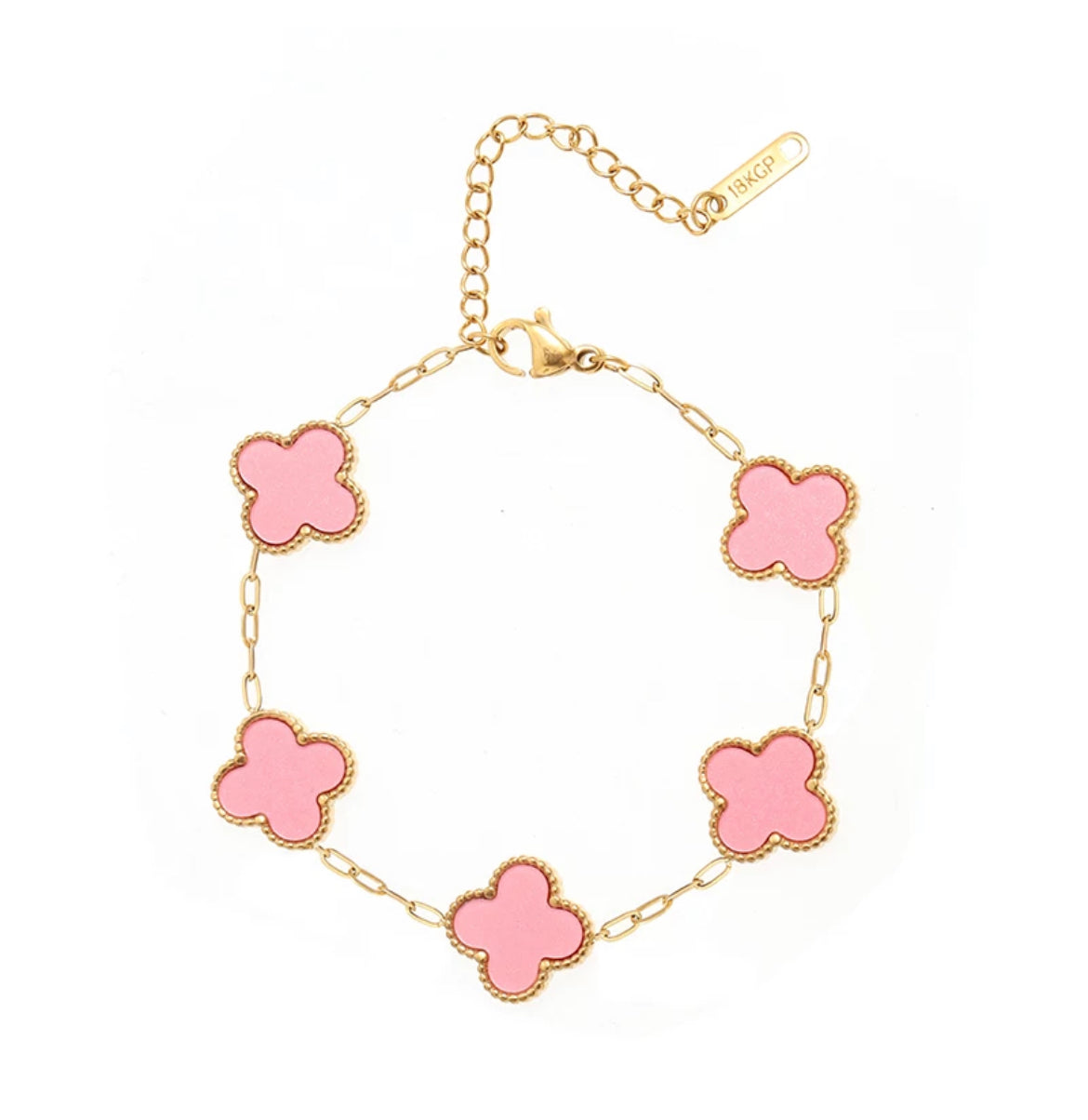 18k Gold Plated Pink Enamel Clover Adjustable Bracelet - Byou Designs