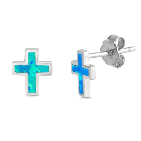 Blue Opal Cross Earring Studs