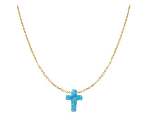 Blue Opal Cross Necklace with Gold Plated Chain over Sterling Silver