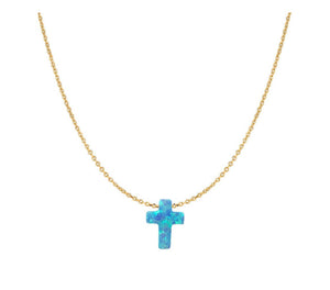 Blue Opal Cross Necklace with Gold Plated Chain over Sterling Silver