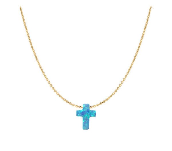 Blue Opal Cross Necklace with Gold Plated Chain over Sterling Silver