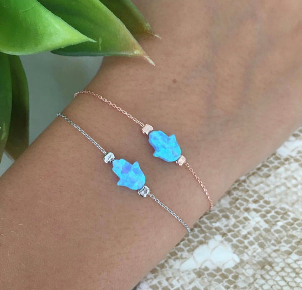 Blue Opal Hamsa Hand Hand Of Fatima Sterling Silver Bracelet - Byou Designs