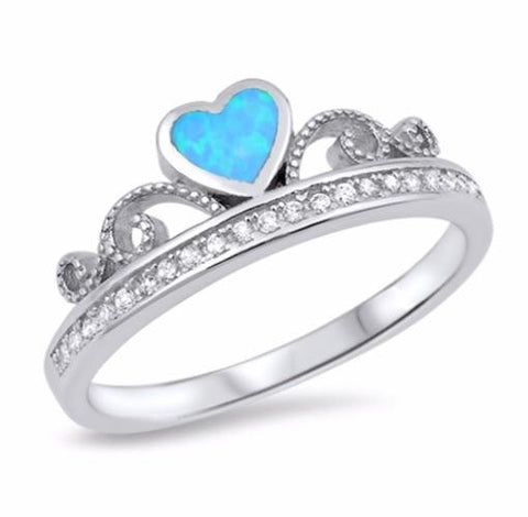 Sterling Silver Crown Ring with Blue Opal Stone Heart