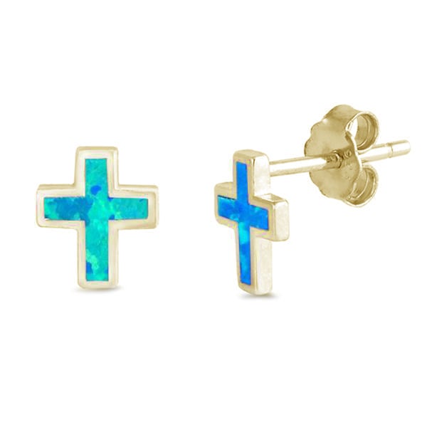 Gold Plated Blue Opal Cross Earrings on Sterling Silver