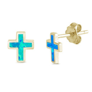 Gold Plated Blue Opal Cross Earrings on Sterling Silver