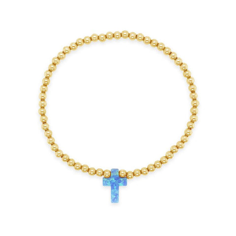 Gold Beaded Bracelet with Blue Opal Cross - Byou Designs