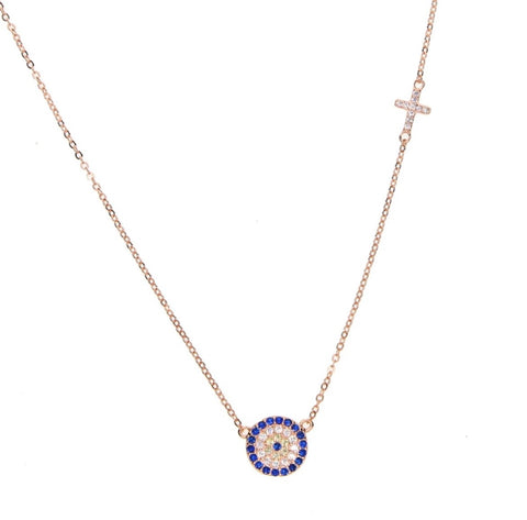 Byou Designs Evil Eye Cross Necklace Rose Gold Plated