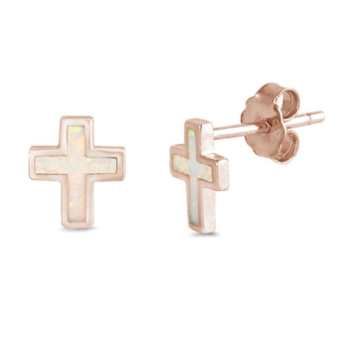 Rose Gold Plated White Opal Cross Stud Earrings