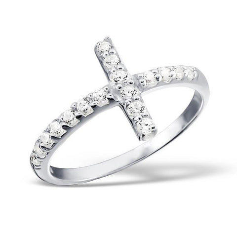 Sterling Silver Sideways Cross Ring with Cubic zirconia
