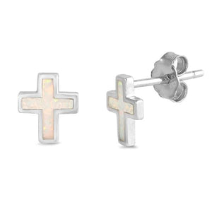 Sterling Silver White Opal Cross Earrings Small