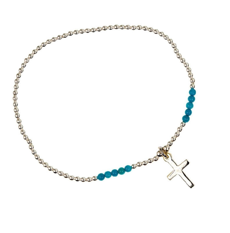 Sterling Silver Beaded Stretch Bracelet with Cross and Turquoise Beads  Handmade Byou Designs