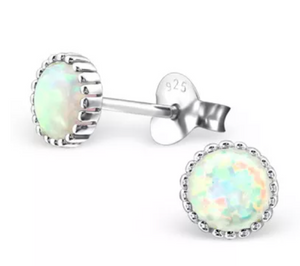 Round Circle White Opal Sterling Silver Stud earrings 