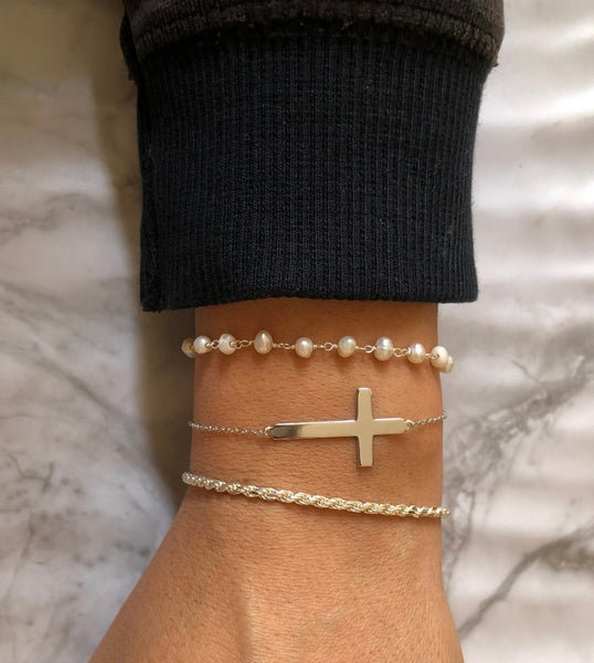 Handmade Silver Stack Bracelet Cross Rosary & Chain