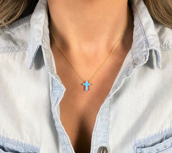 Blue Opal Cross Gold Necklace