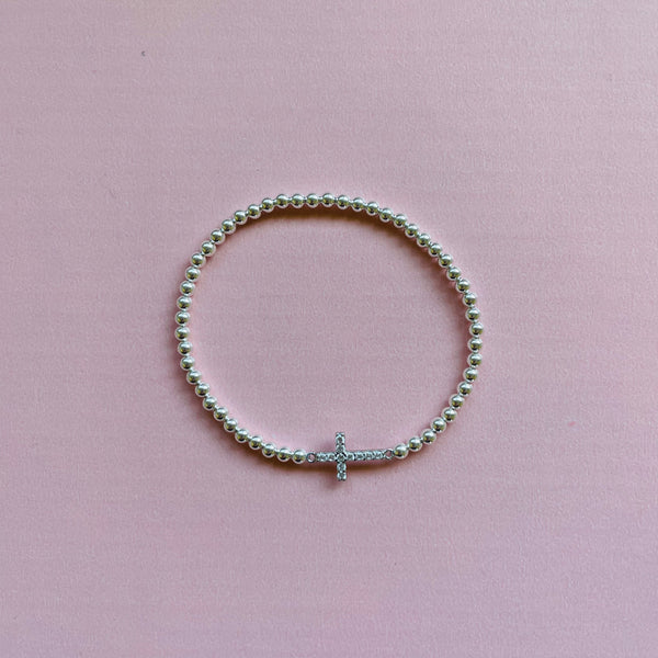 Sterling Silver 3mm Beaded Stretch Cross Bracelet