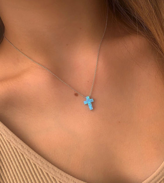 Blue Opal Cross Necklace