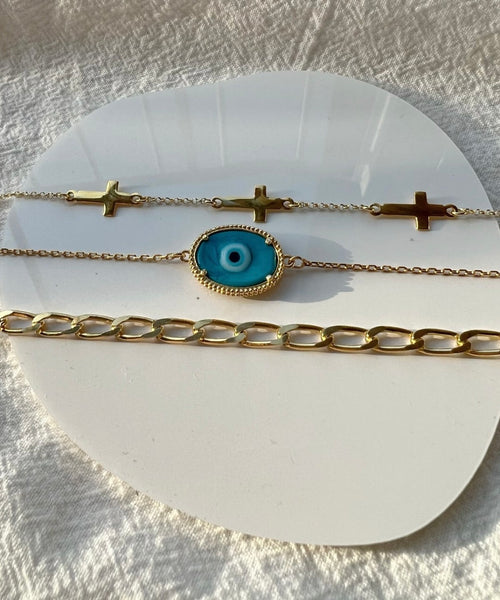 Handmade Gold Stack Evil Eye Link & Cross Bracelet Stack