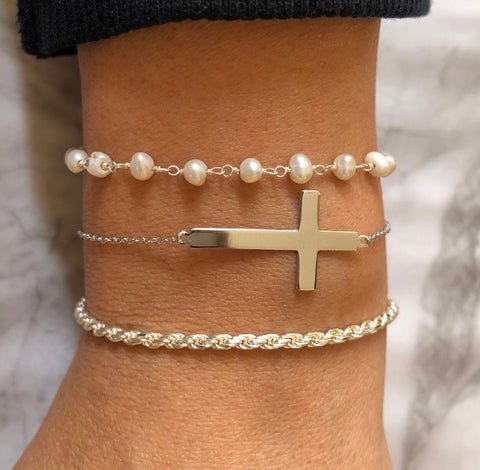 Handmade Silver Stack Bracelet Cross Rosary & Chain