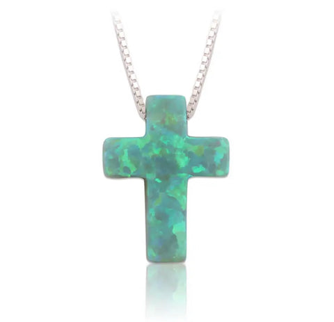 Green Opal Cross Necklace Silver