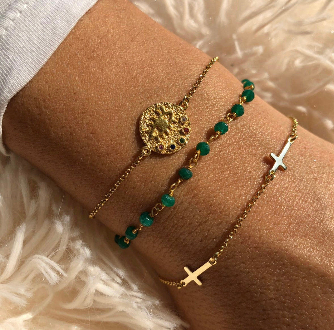 Gold Plated and Emerald Rosary Cross Bracelet Sterling Silver Stack Byou Designs